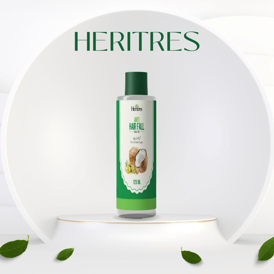 Heritres Anti Hair Fall Oil bottle with coconut and amla extracts — natural herbal formula to reduce hair fall and promote hair regrowth.
